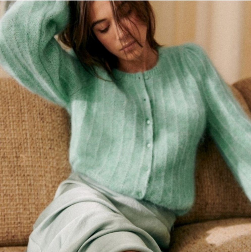 LA MAILLE SÉZANE Amance Fancy Knit Mohair Sea Green Mint Cardigan Large - Picture 3 of 13